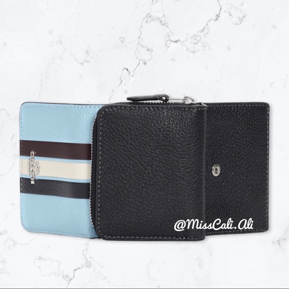 NWT COACH Small Trifold Wallet In Colorblock With Stripe Twilight Blue - Picture 10 of 15